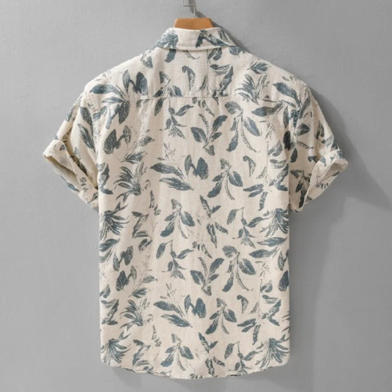 Summer New Printed Breathable Linen Cotton Short Sleeve Shirt for Men Clothing Casual Turn-down Collar Summer Shirt FY736