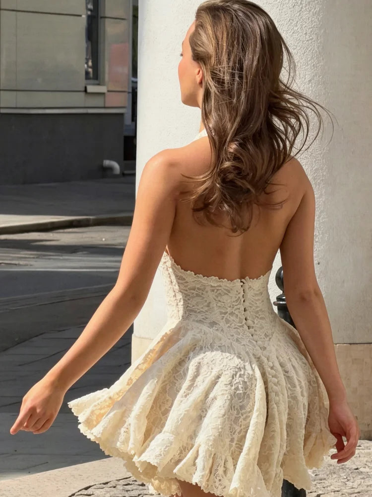 Ivory White Halter‑Neck Lace Mini Dress Women Deep V‑Neck Backless Fitted Waist Flared Hem Vestido Birthday Date Holiday Gown