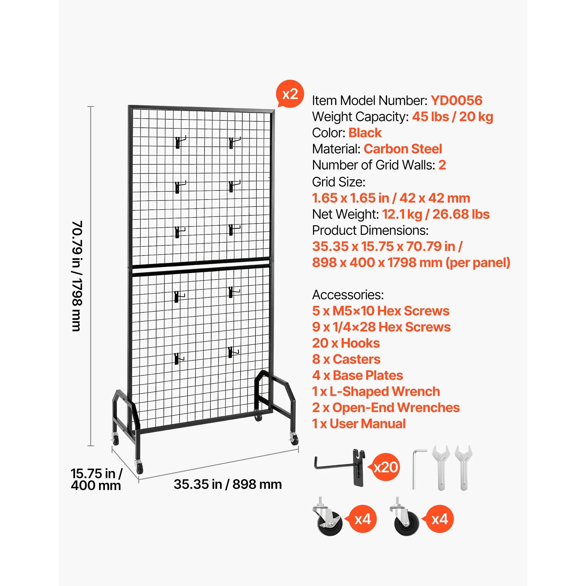 SucceBuy Grid Wall Panel Wire Grid Panels Display Rack Movable Art Display Shelf with Wheel Carbon Steel Gridwall for Craft Show