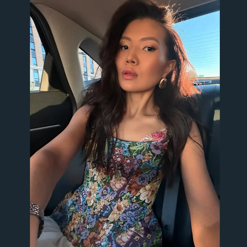 Women Top Floral Printed Spaghetti Strap Corset Top U-Neck Fishbone Boned Cinched Waist Irregular Hem Retro Vacation Camisole