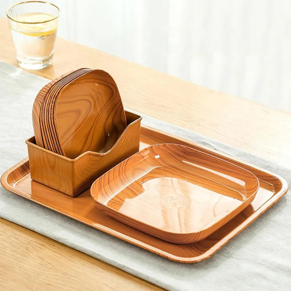 Kitchen Imitation Wood Grain Plastic Square Plate Japanese Afternoon Tea Fruit Dish Tea Tray Plastic Bone Dish Kitchen Tableware