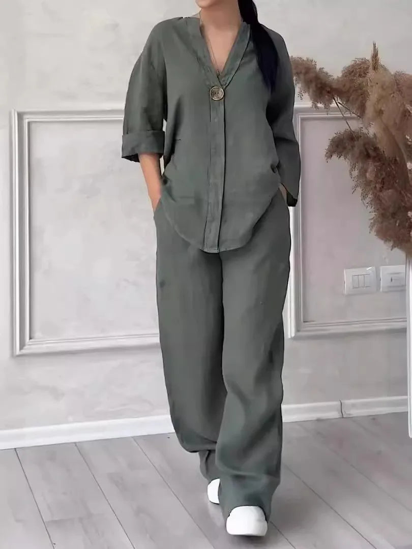 2026 New Europe USA Women's Comfortable Loose Top Wide Leg Pants Casual Cotton Linen Set