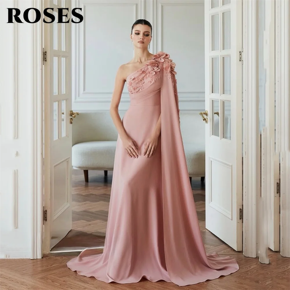 ROSES Pink Evening Gown One Shoulder Prom Dresses 3D Floral Cape Sleeve Wedding Evening Dress Beaded robes de soirée Customized