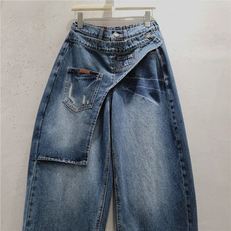 2026 New Autumn Bootcut Jeans for Women All-match High Waist Faux Two-piece Patchwork Floor-length Straight Casual Denim Pants