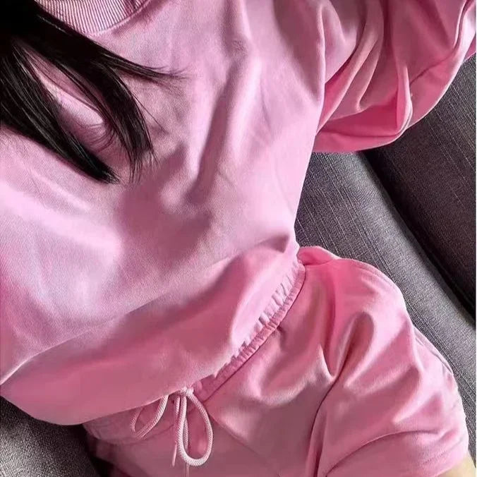 ao Women Yoga Set Cropped Sweatshirts+Shorts Crew Neck Pullover Spring 2 piece set Active Short Tracksuit Pink Jogger Sportswear