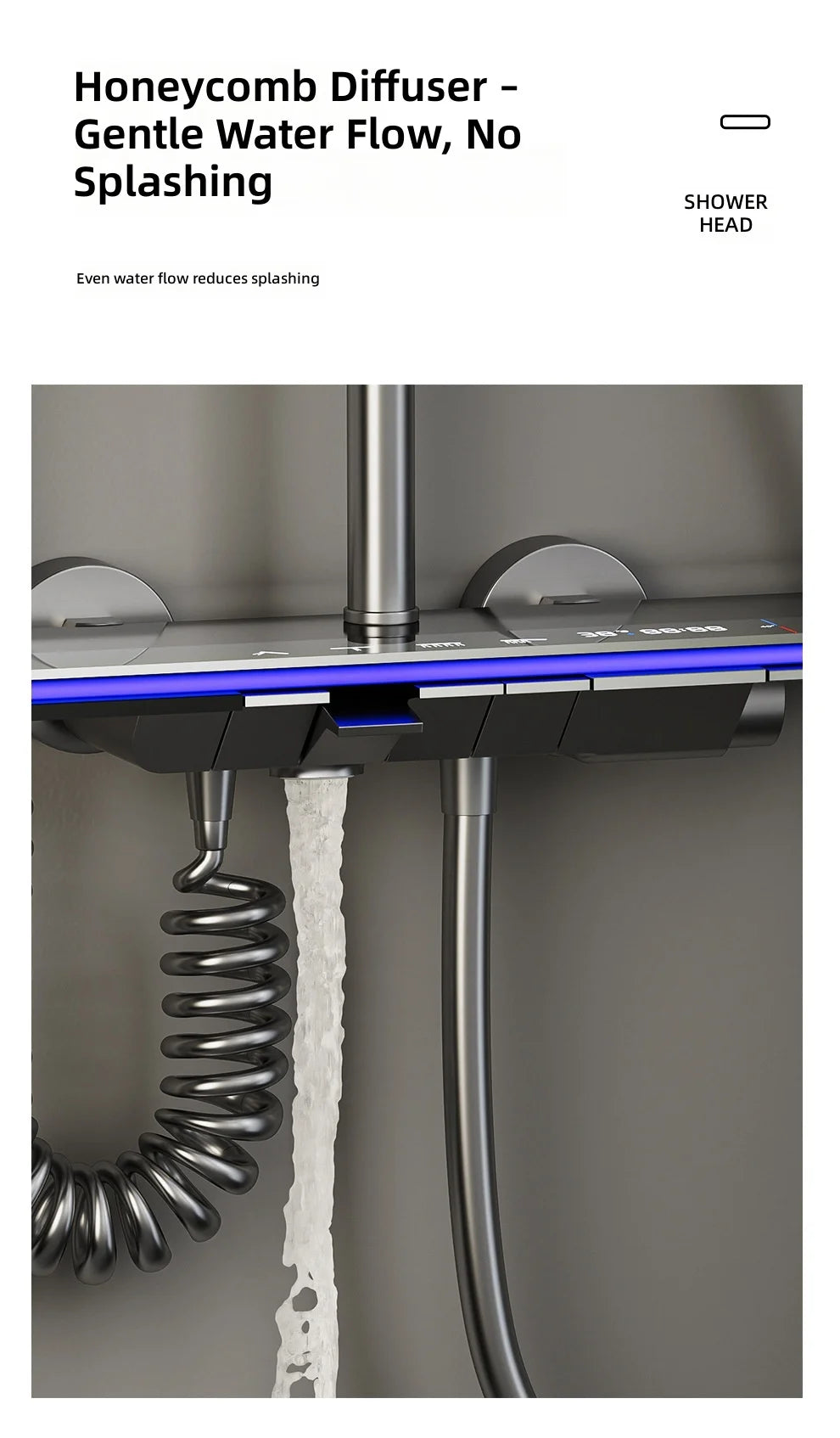 Shower Set, Thermostatic LED Display, Piano Key Pressurized Nozzle, Bathroom Home Decor, Water Saving Faucet System