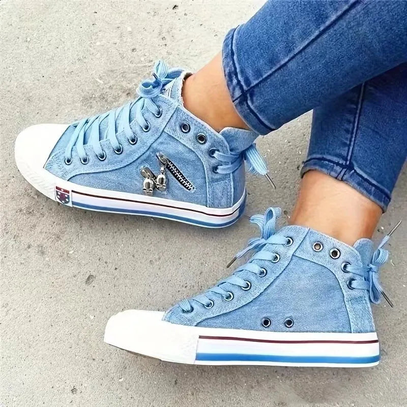 Denim Canvas Sneakers Women Slip On Light Blue Retro Skull Platform High Top Sneakers Ladies 2025 Spring Vulcanized Shoes Woman