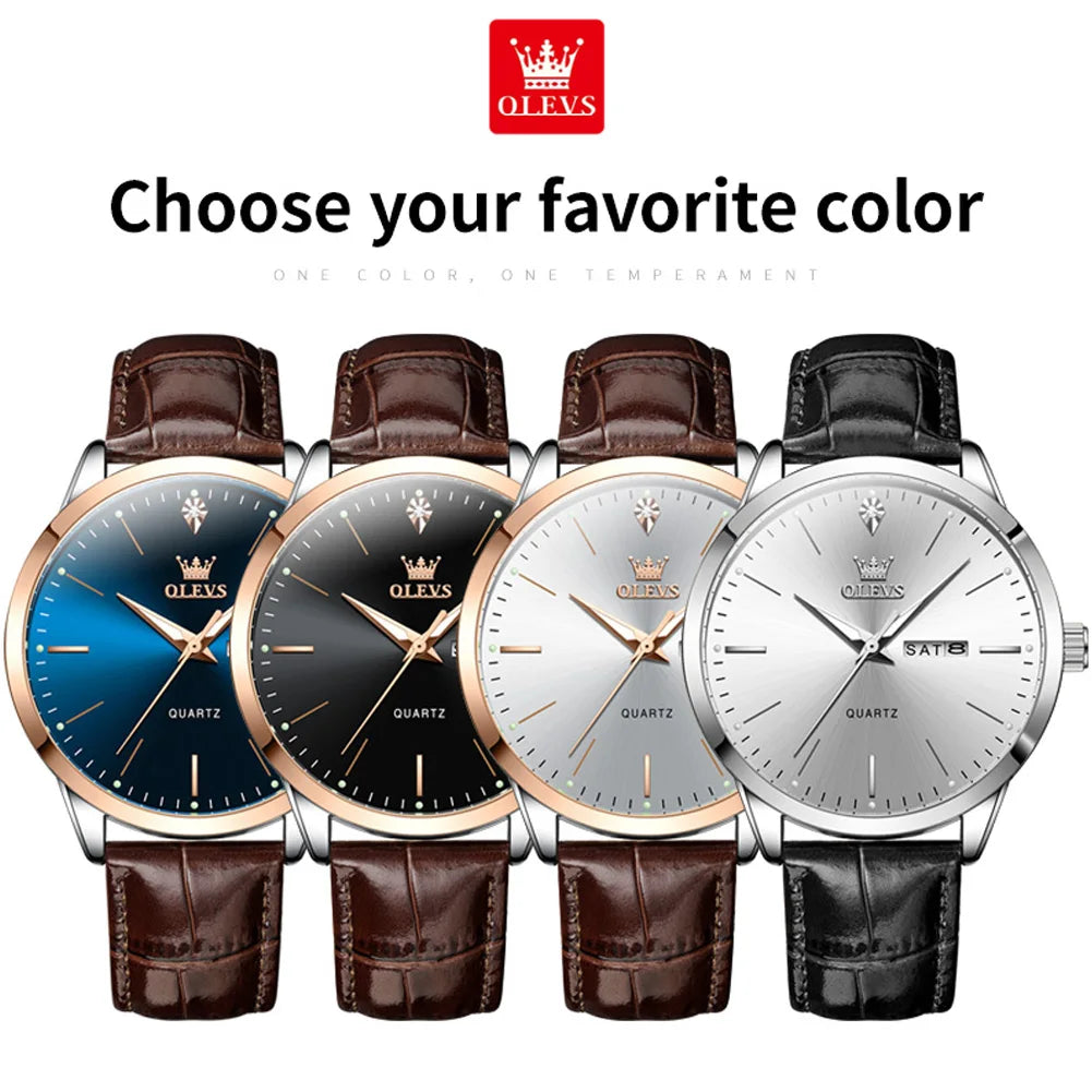 OLEVS 2935 Business Casual Men's Watch Waterproof Leather Strap Luxury Brand Date Week Temperament Trend Quartz Men's Watch