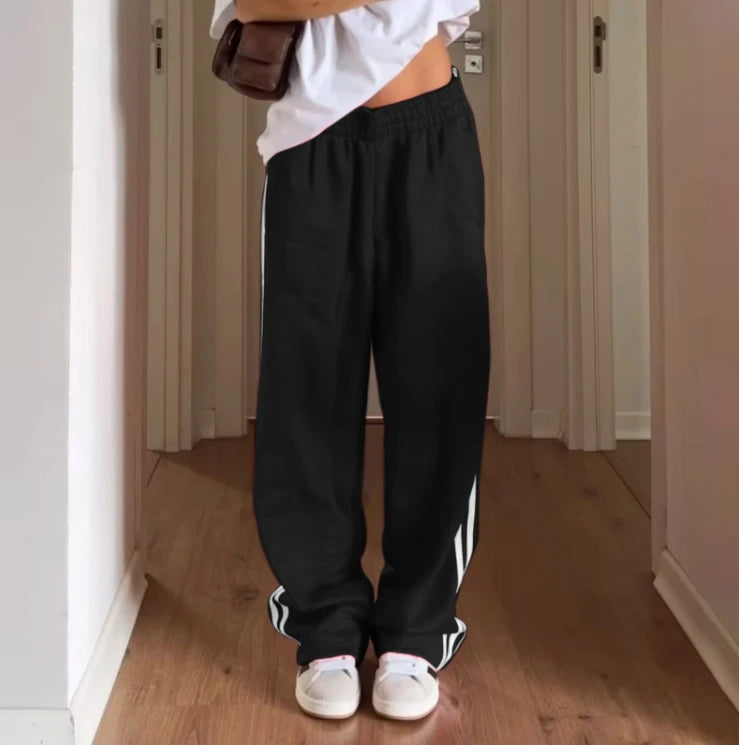 Women's Striped Pants Loose Elastic Waist Drawstring Straight Leg Casual Sweatpants with Pockets y2k Low Rise Baggy Trousers