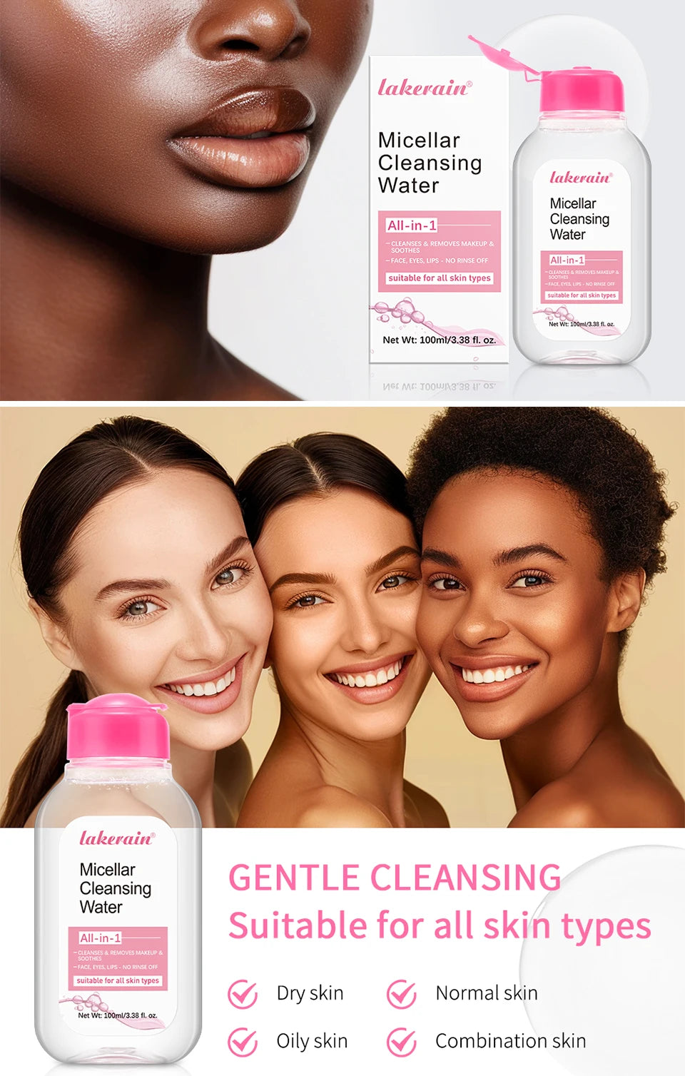 Gentle Micellar Cleansing Water All Skin Types No-Rinse Face Eye Lip Makeup Remover Moisturizing Soothing Skin Tonic