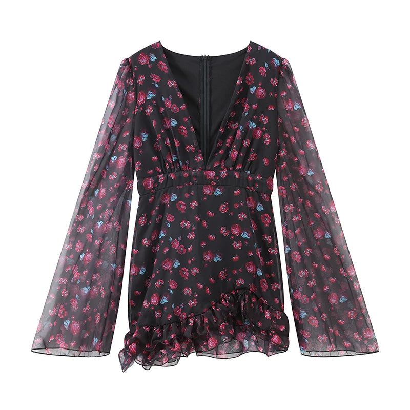 Elegant Ruffle Print Slim Short Dress Women Chic Patchwork Flared sleeves V-neck Pleated Dresses 2026 Lady Summer Casual Vestido