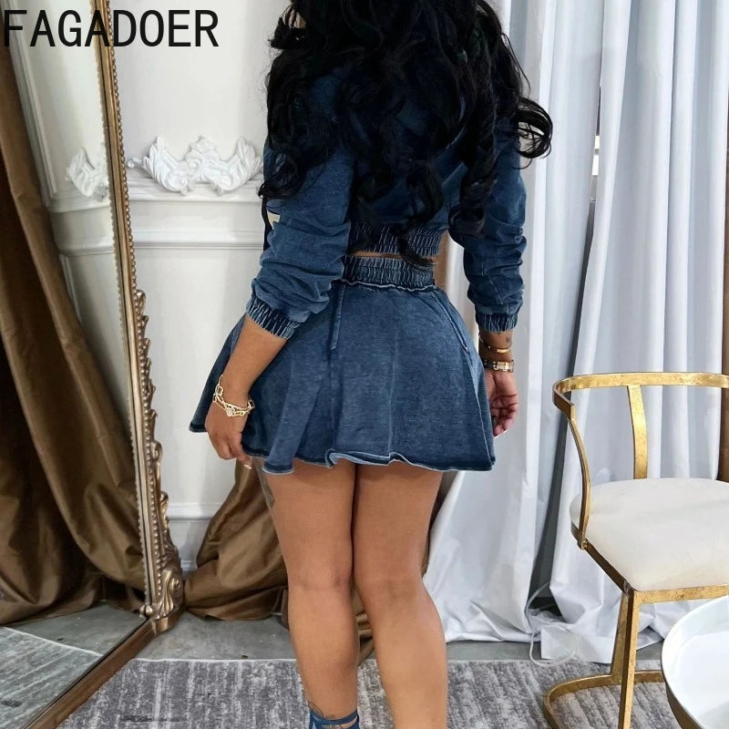 FAGADOER Fashion Denim 2 Pieces Set for Woman Wash Long Sleeve Hooded Crop Top and Pleated Skirts Matching Suits Streetwear New