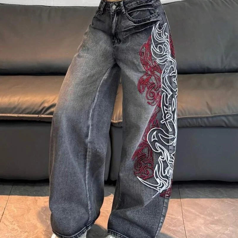 Summer Vintage Dark Grey Fade Women High Waist Wide Leg Jeans Side Red White Abstract Embroidery Euro Street Denim Casual Pants