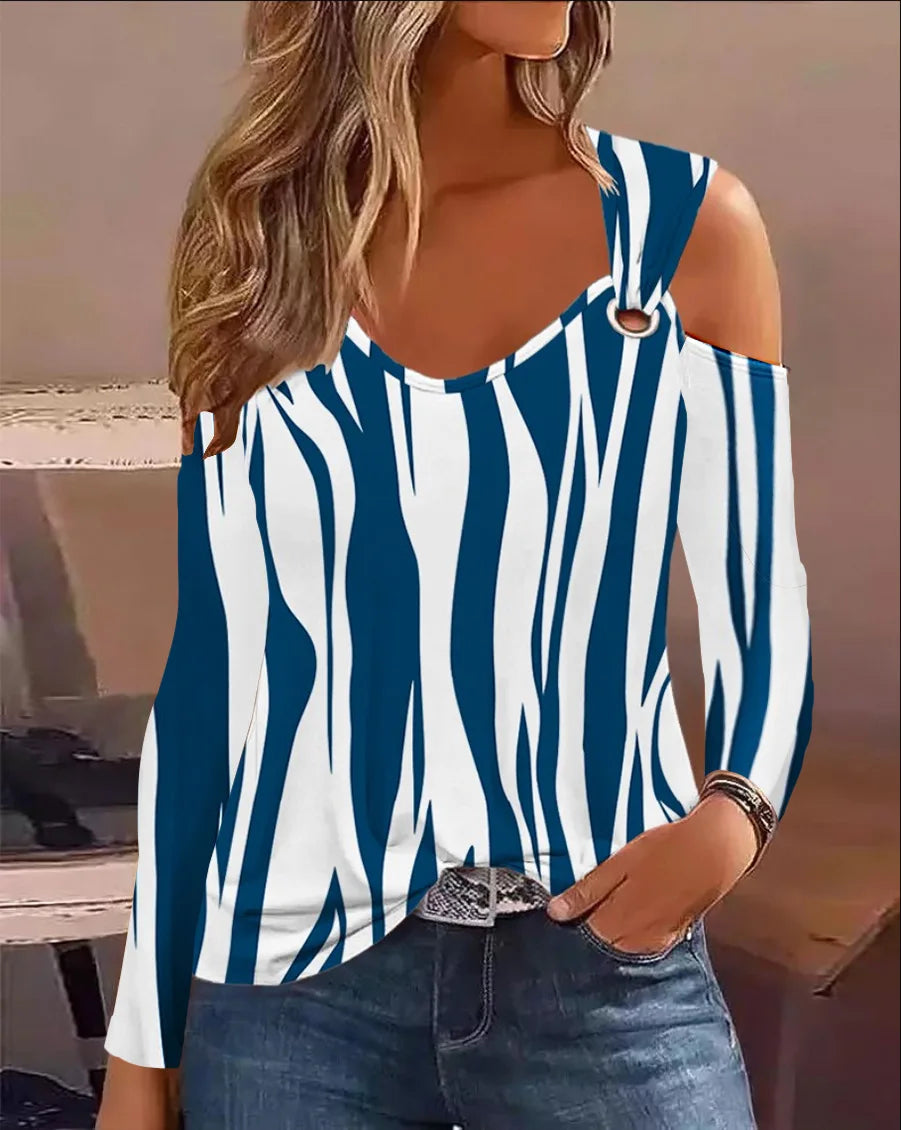 Fashion Woman Blouse 2023 Spring Denim Look Print Cold Shoulder Eyelet Casual Long Sleeve Daily T-Shirt Top Y2K Clothes