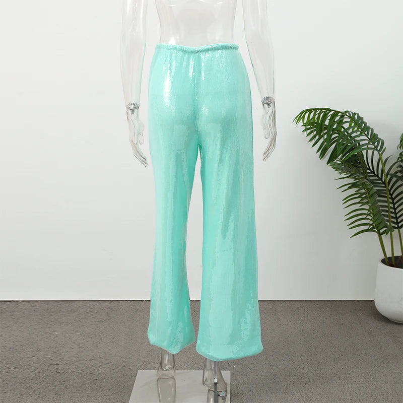 Solid Sequin Elastic Waist Pants Women Loose Fashion Lace Up Wide Leg Trousers Female 2026 Spring Summer Chic Streetwears Outfit