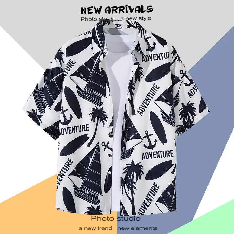 New Summer Casual Short Sleeved Shirt Korean Version Fashionable Men's and Women's Loose Collar Hawaiian Seaside Flower Shirt