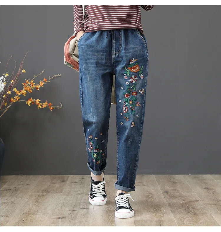 Women's Denim Pants Vintage Flower Embroidery Chinese Hand Work High Quality Casual Loose Jeans China Clothing Factory Wholesale