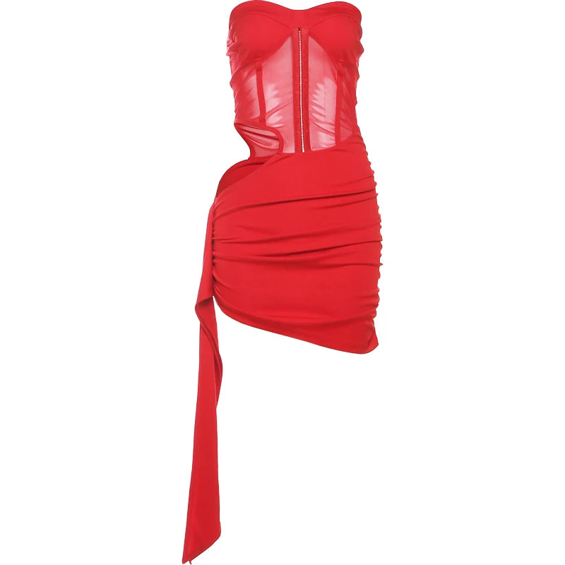 Sisterlinda Sexy Hollow Dress Women See Through Sleeveless Backless Ribbon Ruched  Coquette Midnight Party Club Stretch Bodycon