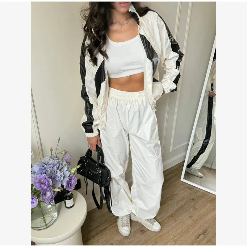 Lady'snavy Chevron Stripe Windbreaker Tracksuit Zip Cropped Jacket Contrast Trim Shorts 2026 Casual Sport Daily Jogging Street