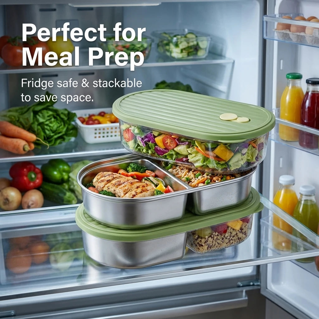 Microwaveable 304 Stainless Steel Bento Box Oval Divided Lunch Box 2 Grids Food Storage Container For Kids Students School