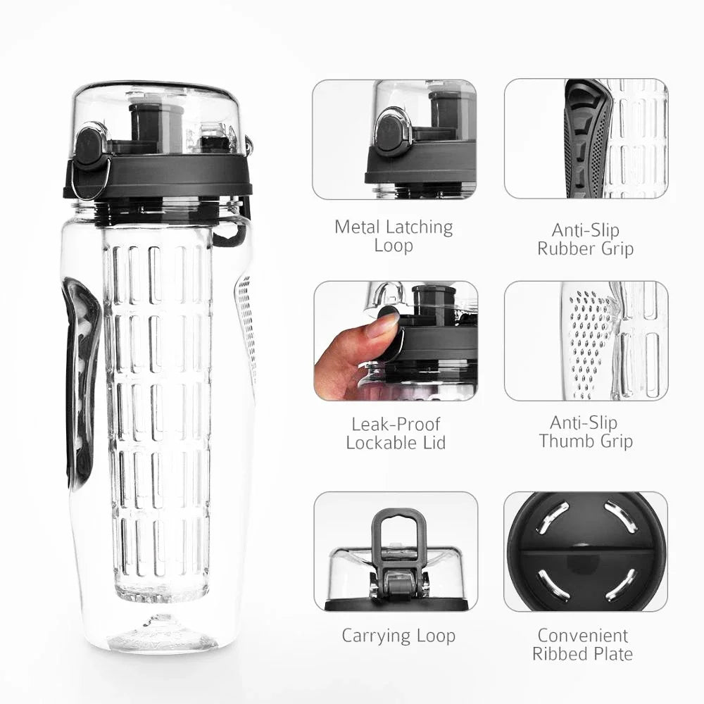 32 OZ Fruit Infuser Water Bottle BPA Free Sports Bottle Tritan Leakproof Plastic Fruit Water Bottle for Gym Camping Travel