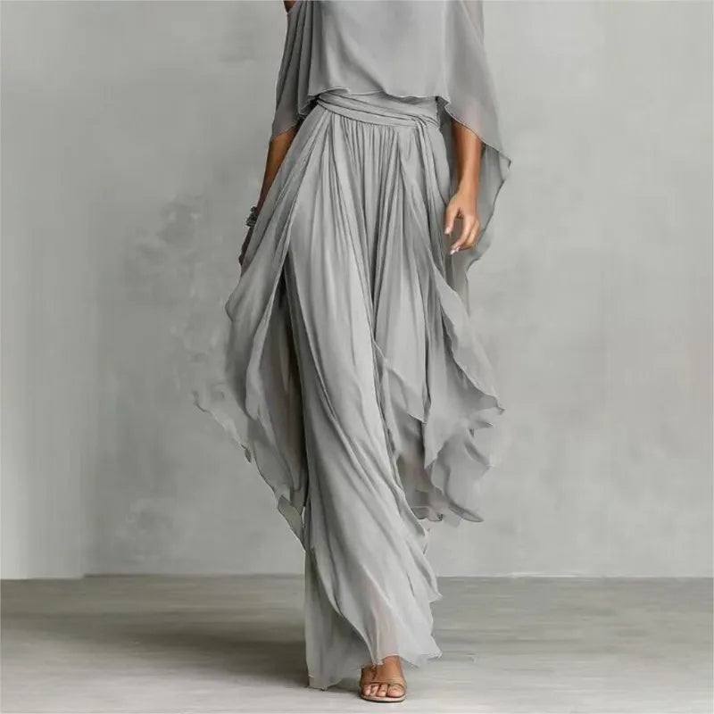 Solid Color Chiffon Two Piece Set Women Casual Off Shoulder Top & Long wide leg pants Set Ladies Elegant Party Suits Outfits