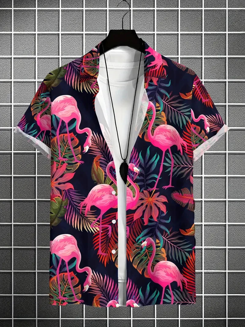 2026 Men's Vocation Lapel Camisa Vacation Hawaiian Shirts Flamingo 3d Print Fashion Unisex Beach Short Sleeve Blouse