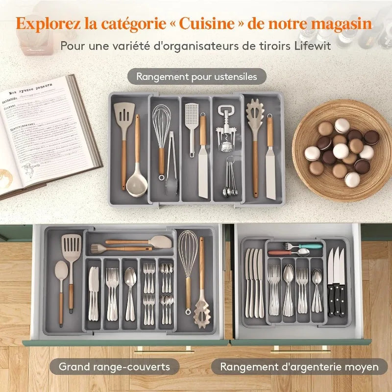 4 Grid Expandable Kitchen Drawer Organizer Adjustable Retractable Cutlery Storage Box with Divider for Utensils,Drawer Organizer