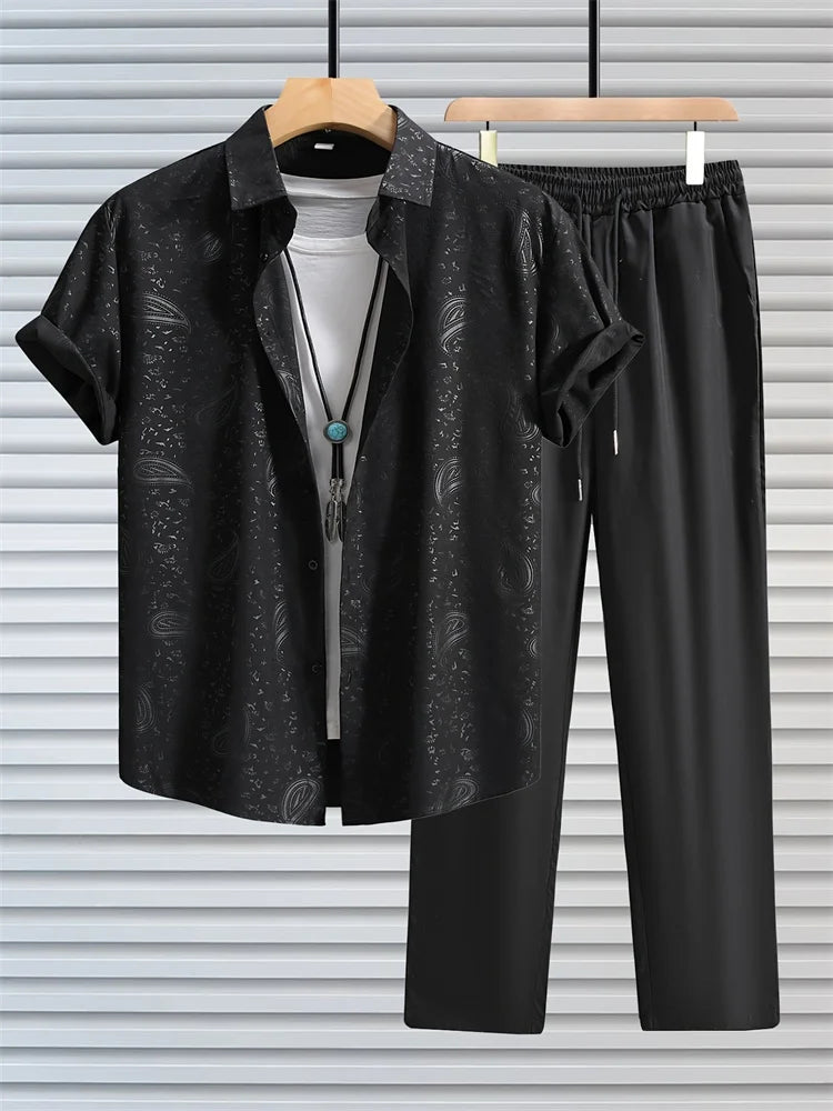 2025 Autumn Simple Solid-color Shirt 2 Pieces Long Pants Set, Urban Street Fashion Simple Men's Shirt And Long Pants Set