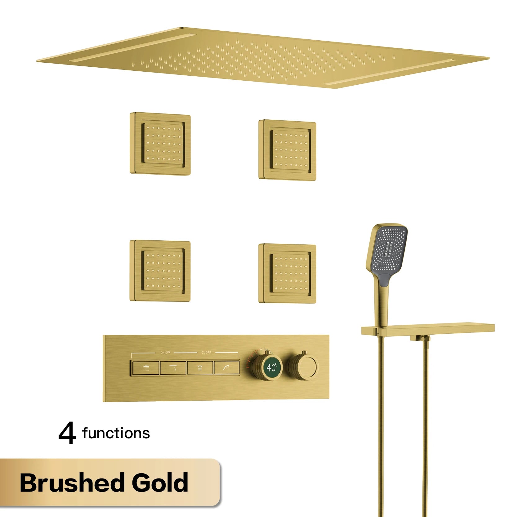 Luxury Gun Grey Brass Thermostatic Shower System Ceiling-Embedded Rainfall&Waterfall Outlet with LED Display Bathroom Mixer Tap
