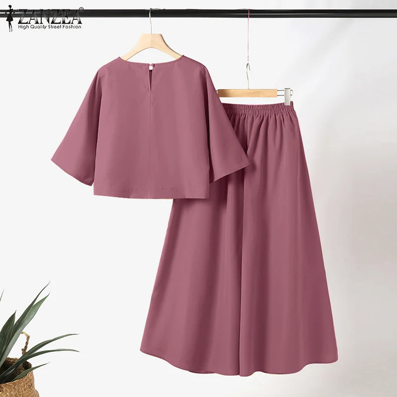 ZANZEA Women Causal 2PCS Pant Sets Loose 3/4 Sleeve Tops Wide Leg Pants 2-Pieces Outfits Solid Color Fashion Commute Tracksuits