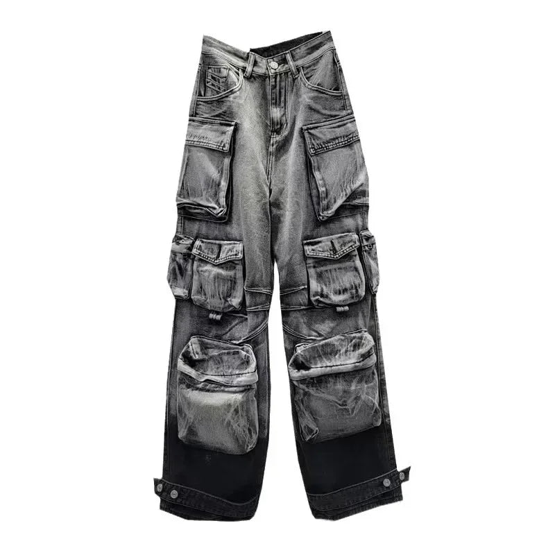 Jeans Women Denim Distressed Multi Pocket Y2k Streetwear Cargo Pants Casual High Waist Zipper Fly Winter Gradient Mom Jeans