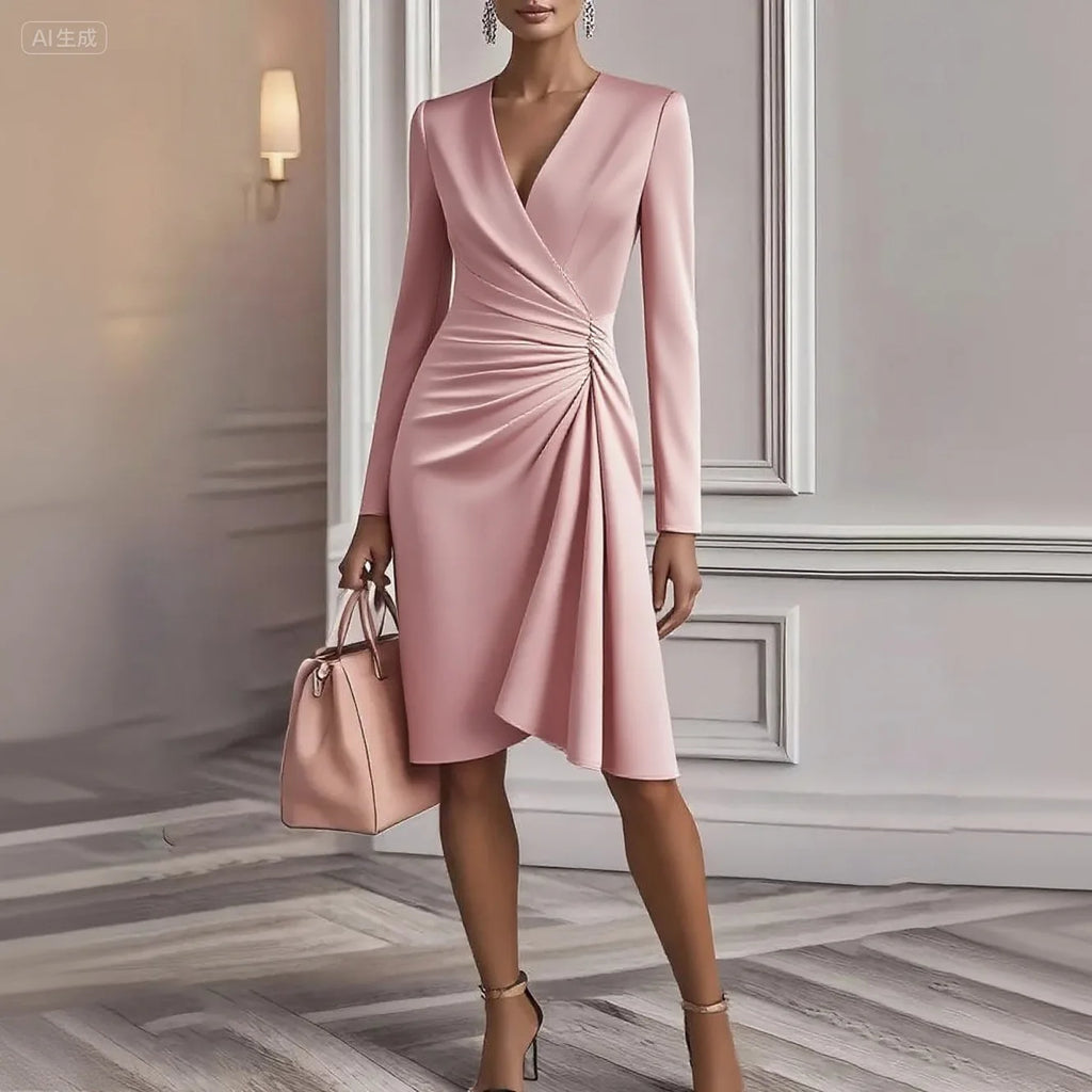 Autumn New Fashion V Neck Folds Solid Long Sleeve Dress Women's Office Commuter A-line Midi Party Dresses Female Clothing