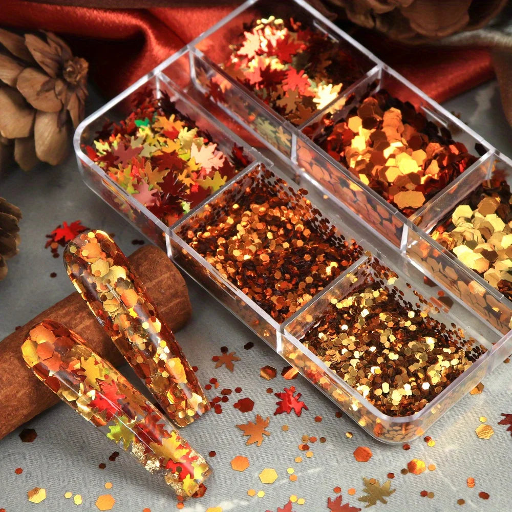 6 Grids Autumn Nail Glitter Flakes Golden Red Orange Leaf Sequins for Nail Art DIY Decorations Fall Acrylic Tips Decals Supplies