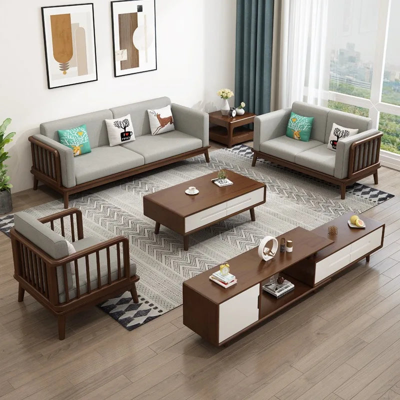 Solid wood fabric sofa Small apartment living room sofa combination Log wind Japanese sofa