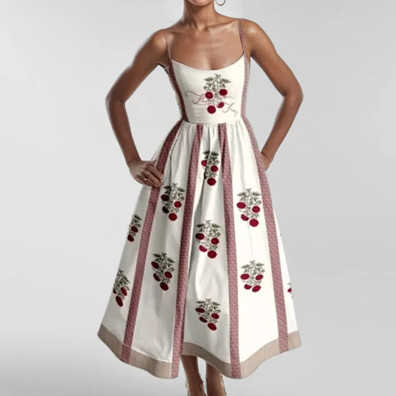Summer U-neck Casual Female Vintage Elegant Spaghetti Strap Dress Women Elegant Solid Sleeveless A-line Midi Women's Dresses