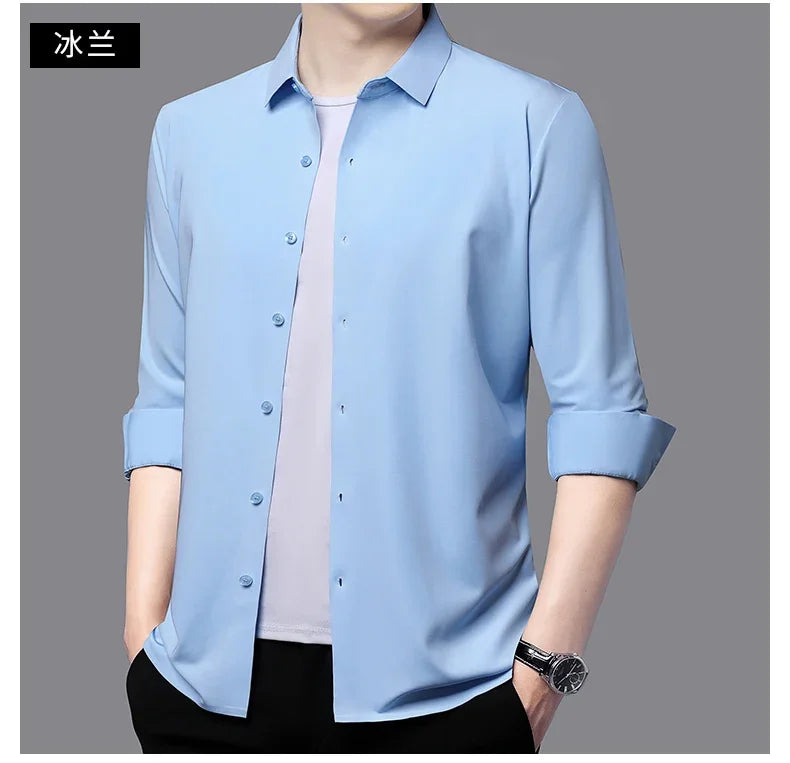 Seamless Anti-wrinkle Business Silky High Elastic Spandex Men's Long-sleeved Shirt Formal Social Non-iron Solid Color Casual