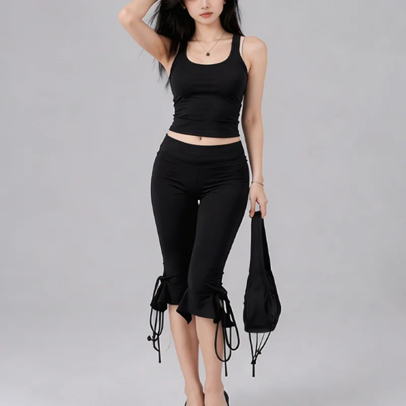Women Black Slim Mid Waist Capri Pants Drawstring Ruffle Hem Casual Streetwear Summer Lounge Daily Going Out Comfy Wear
