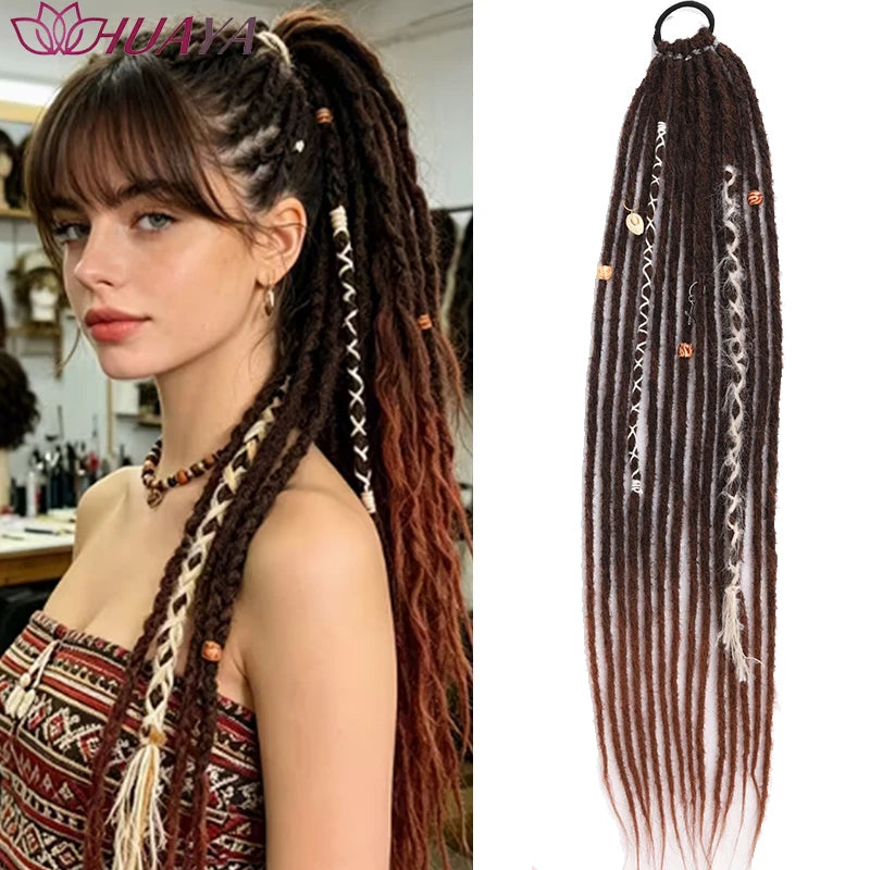 24 Inch Dreadlocks Ponytail Hair Extensions Synthetic Fibers Boho Braided Hairpieces With Beads Festival Cosplay Easy Wear