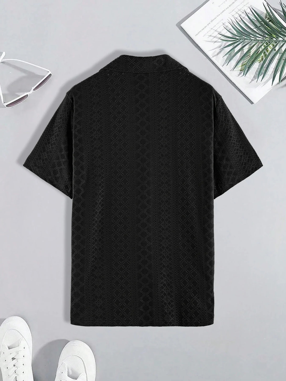 Men's Black Diamond Jacquard Short Sleeve Shirt Summer Smart Casual Loose Top