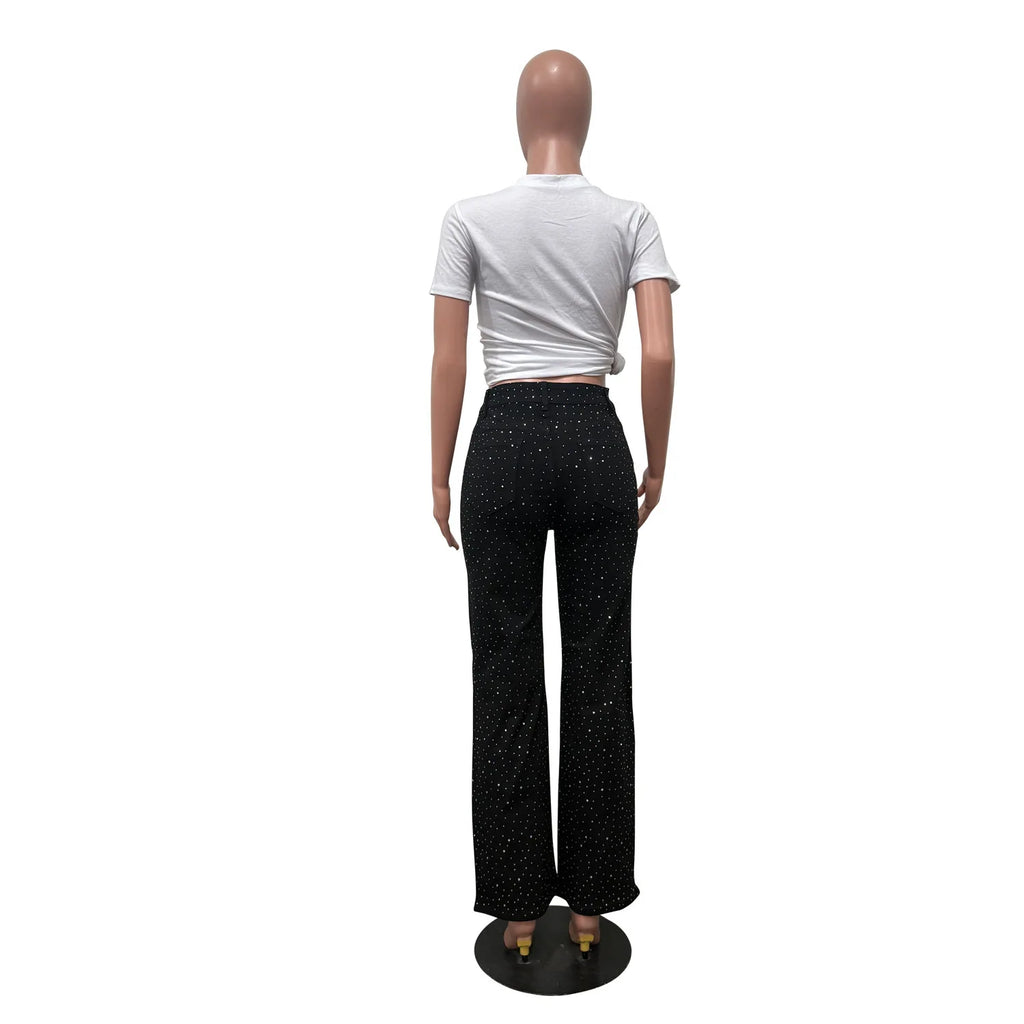 Women's Outfit Featuring Diamond-studded Washed Denim Pants Women's High-waisted Straight-leg Pants, and "hot Girl" Style Pants.