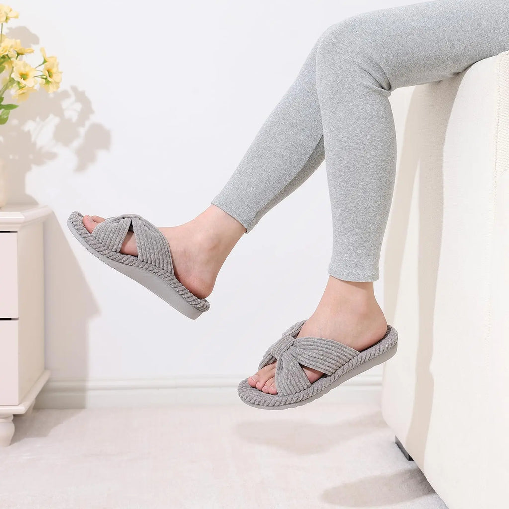 Comwarm Orthopedic House Slippers for Women Arch Support Cross Bow Indoor Slippers Corduroy Bedroom Shoes Open Toe Slip On