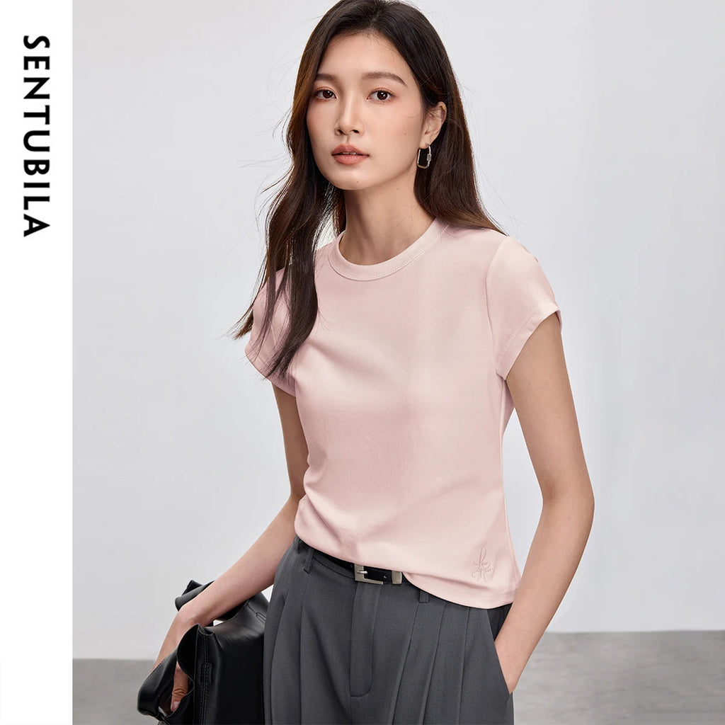 SENTUBILA Solid Color Women's T-shirt 2025 Spring Summer Fashion Embroidery Knit Basic Crewneck Short Sleeve Tops 152T59063