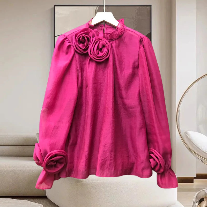 Spring 2026 French Style Shirt Women Three-dimensional Flowers Patchwork Colored Blouse Solid Long Sleeve Women Top 42927