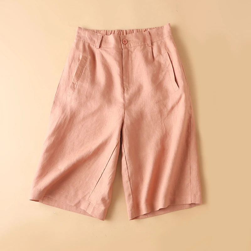 Casual Linen Wide Leg Short Pants Women Summer Loose Fit Thin Cotton Linen Five-Point Pure Color Versatile High Waist Shorts