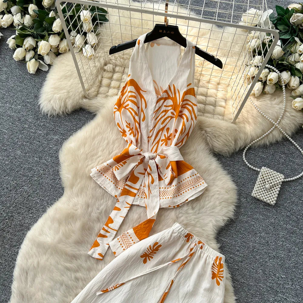 SINGREINY Boho Print Vacation Suits Summer 2026 Sleeveless Lace Up Tank Top+Loose Wide Leg Pant Chic Lazy Casual Women 2pcs Sets
