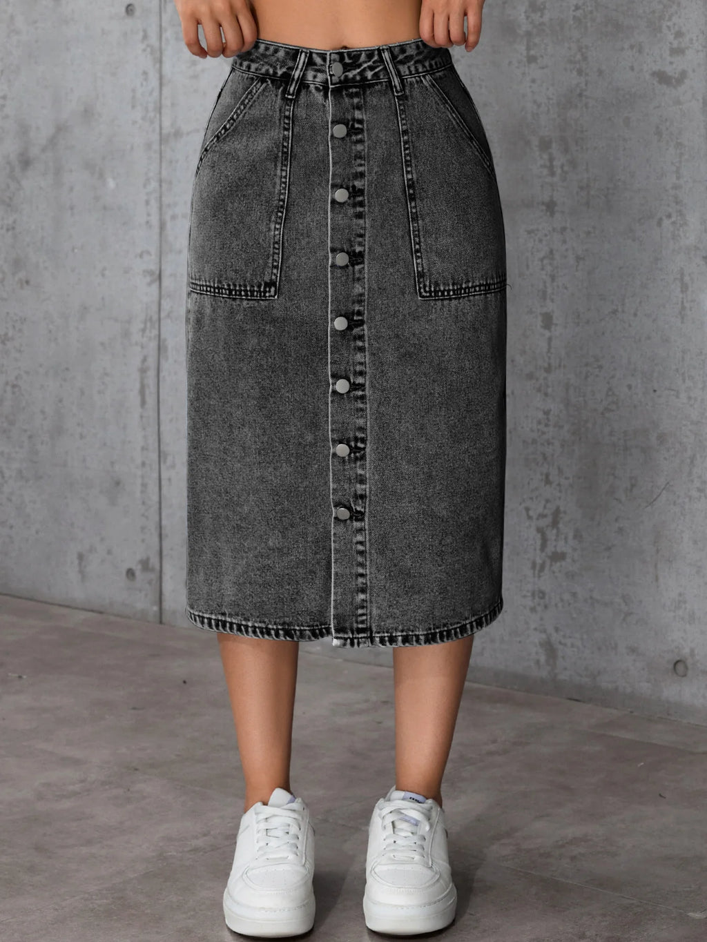 Women High Waist Stretchy Denim Pencil Skirt Midi Length Knee-Length Slit Bodycon Flattering Casual Daily Streetwear