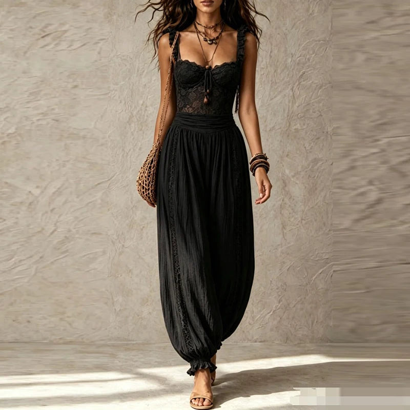 Sexy V-neck Lace Trim Spaghetti Strap Jumpsuits Women Elegant Ruffle Waist Solid Playsuit Overalls Casual Sleeveless Long Romper