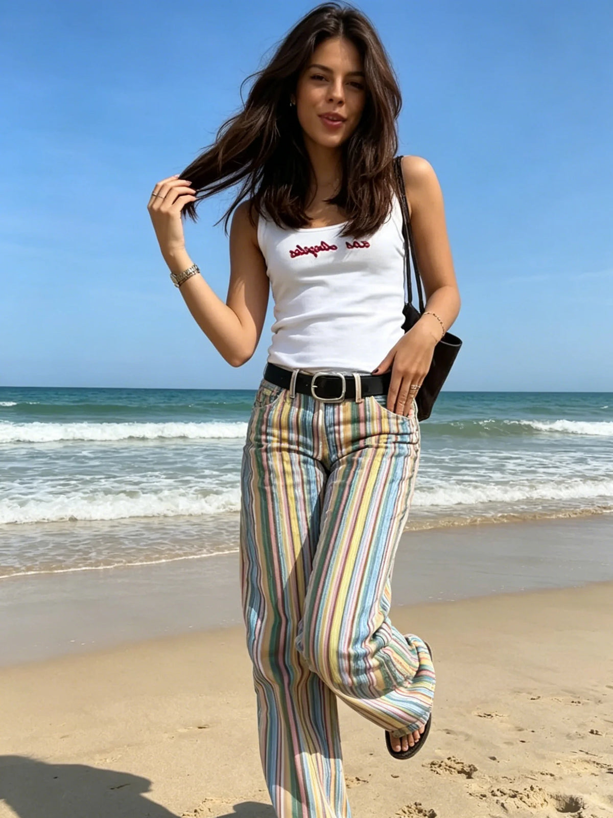 Multicolor Striped High Waisted Pants Straight Leg Retro Full Length Colorful Trousers 2026 Spring Casual Fashion Daily Wear