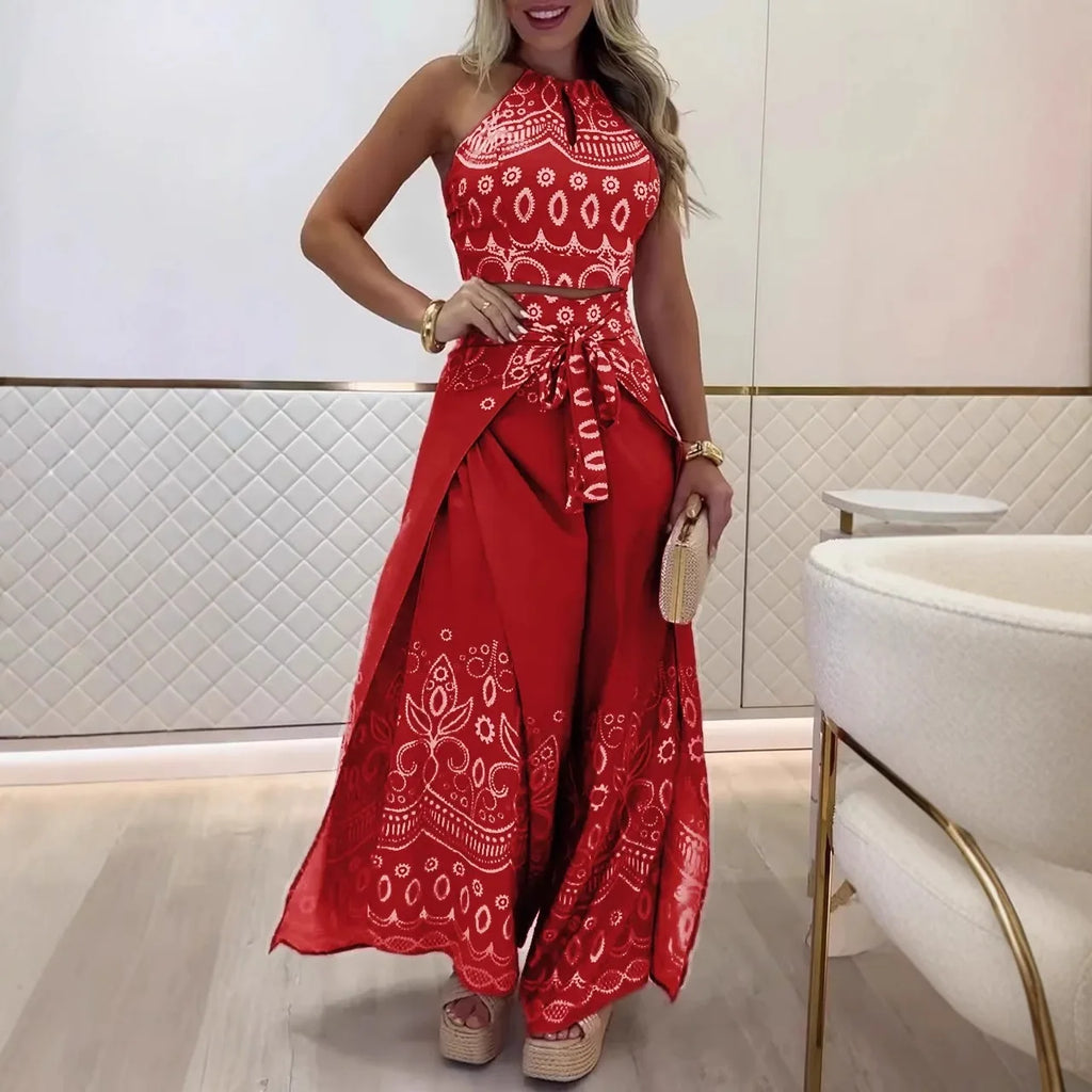 Women's Printed Sleeveless Top And Wide Leg Pants Two Piece Set Slimming Comfort Versatile Vacation Commute Ethnic Style Outfit
